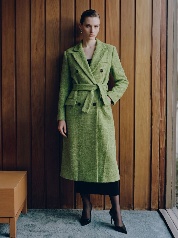 Double Breasted Belted Tweed Coat