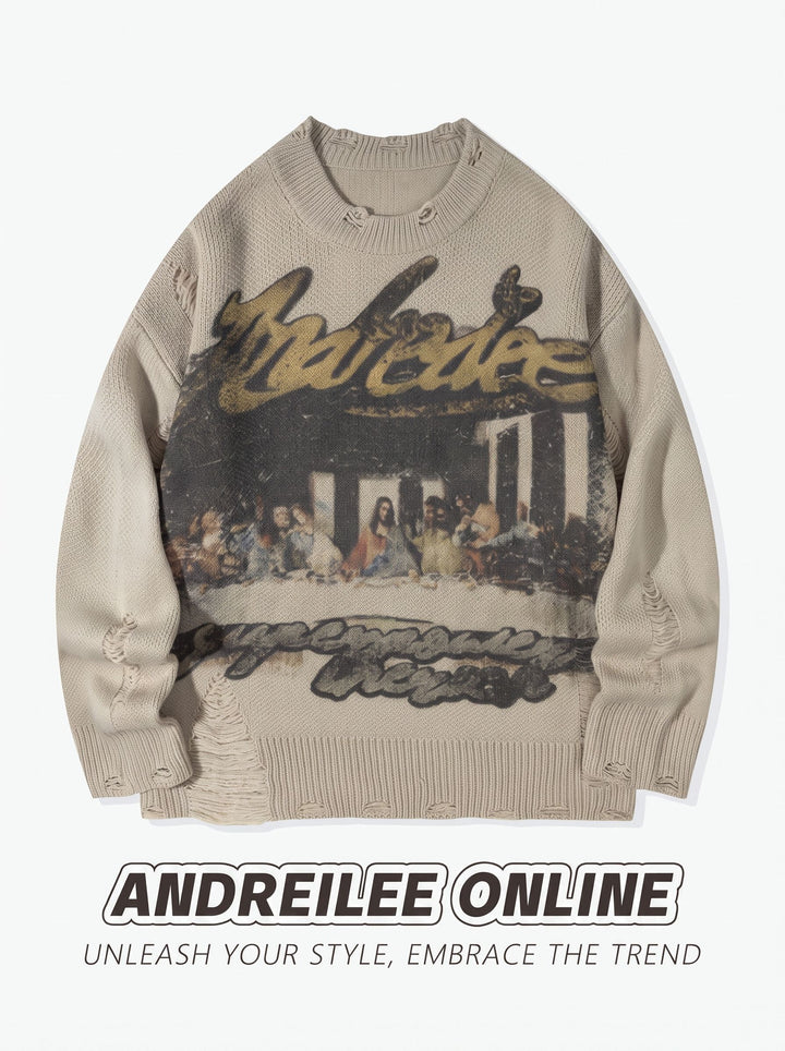 Distressed Graphic Oversized Knit Sweater
