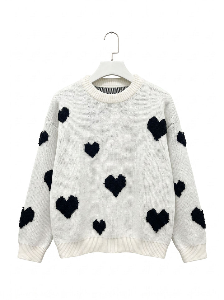 Cozy Textured Heart Pattern Pullover Sweater