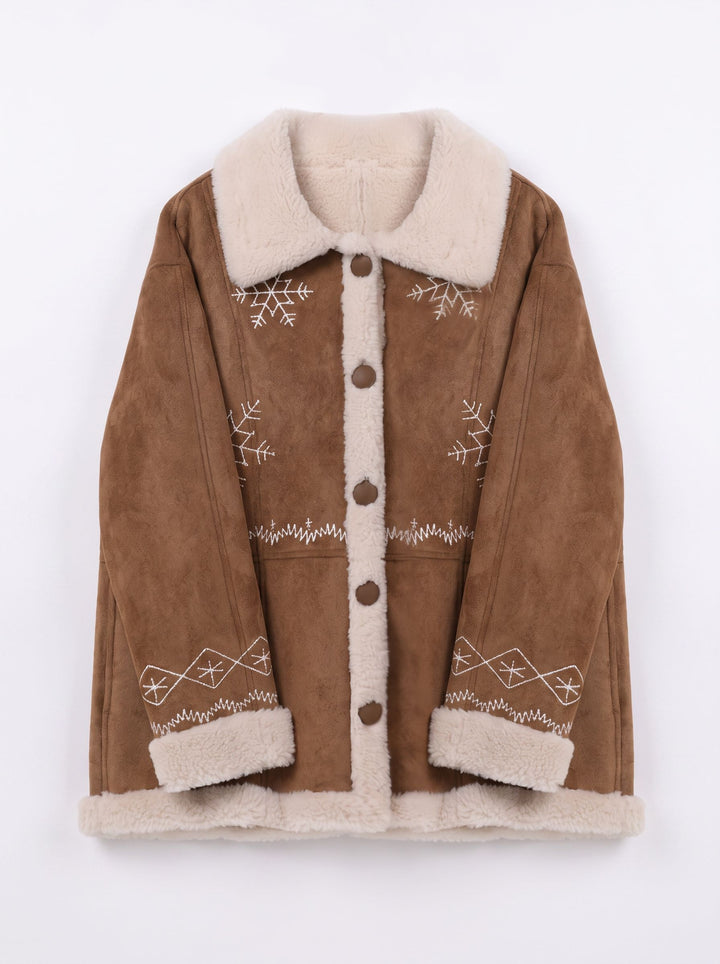 Embroidered Snowflake Faux Suede Sherpa Coat