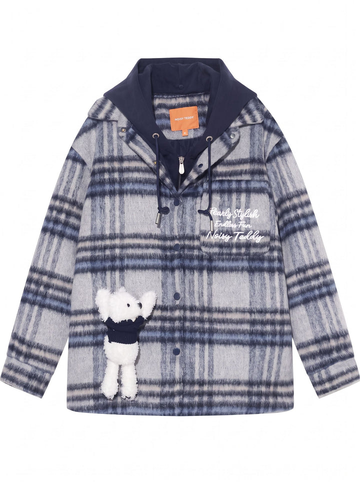 Hooded Plaid Brushed Wool Coat