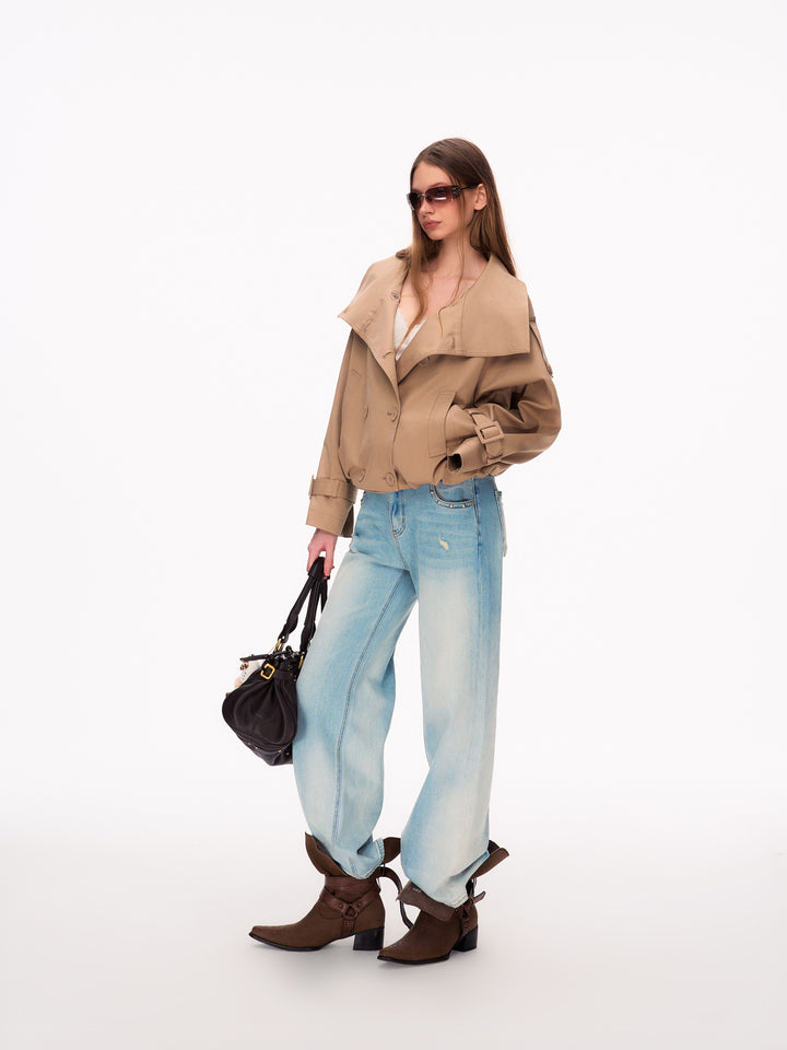 Studded Distressed High Waisted Wide Leg Jeans
