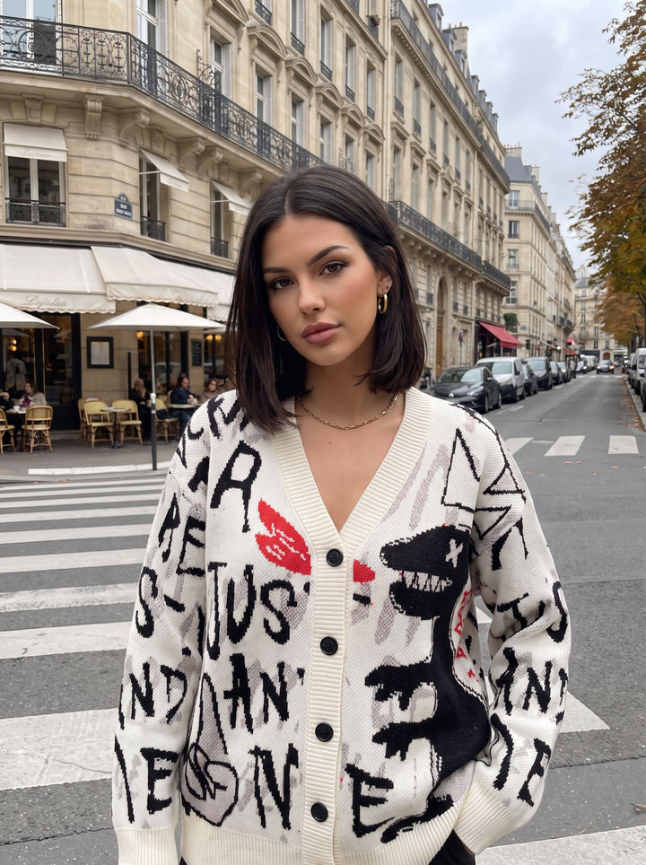 Oversized Graphic Print Knit Cardigan