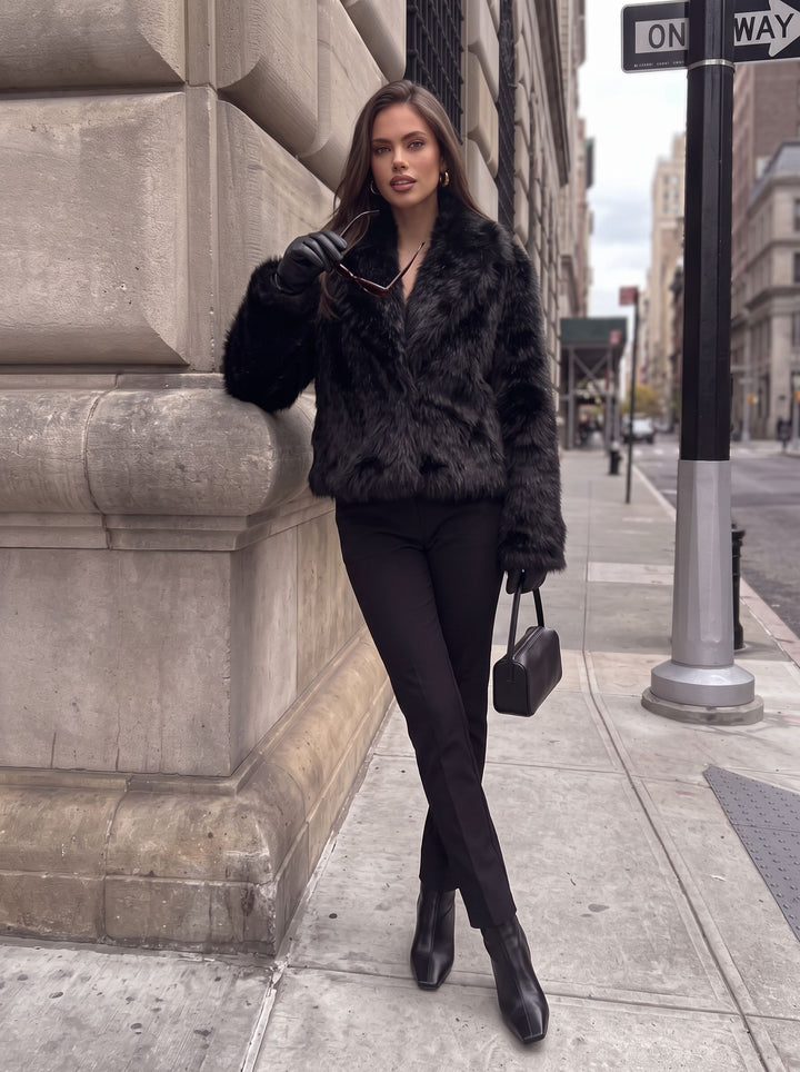 Elegant Black Cropped Faux Fur Coat