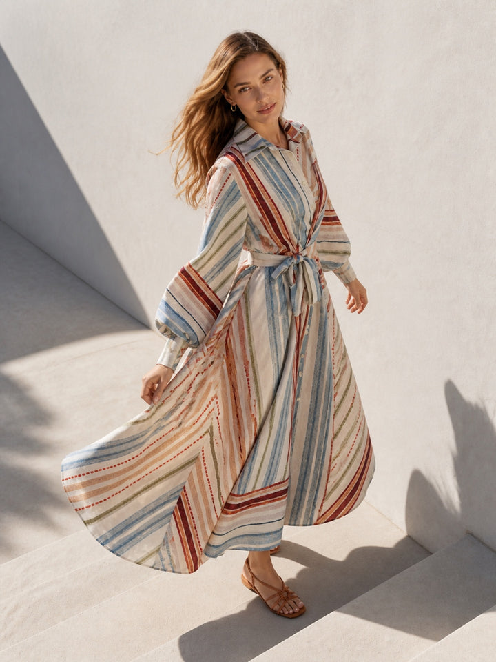 Striped Balloon Sleeve Midi Shirt Dress