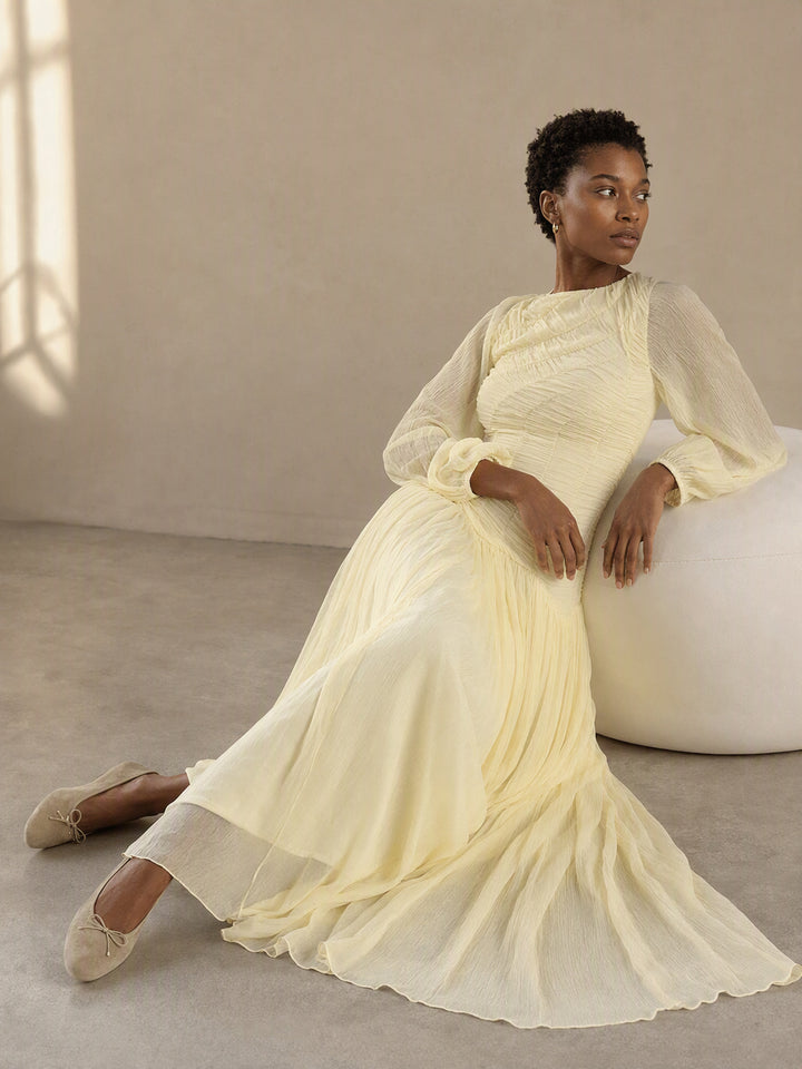 Ruched Chiffon Long Sleeve Dress