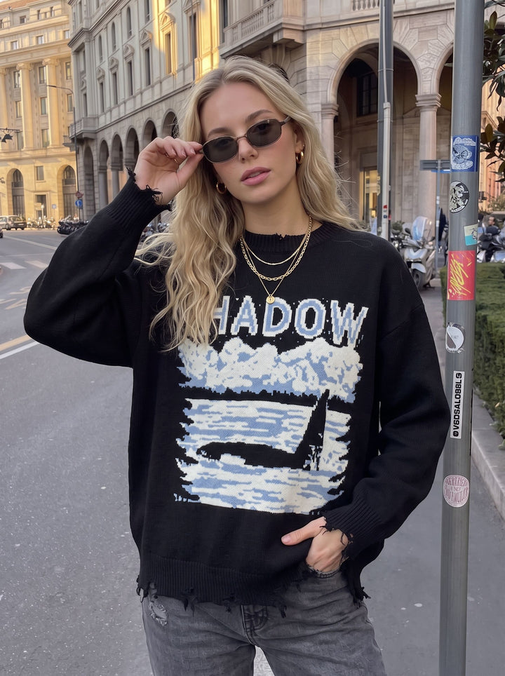 Oversized Graphic Distressed Knit Pullover Sweater