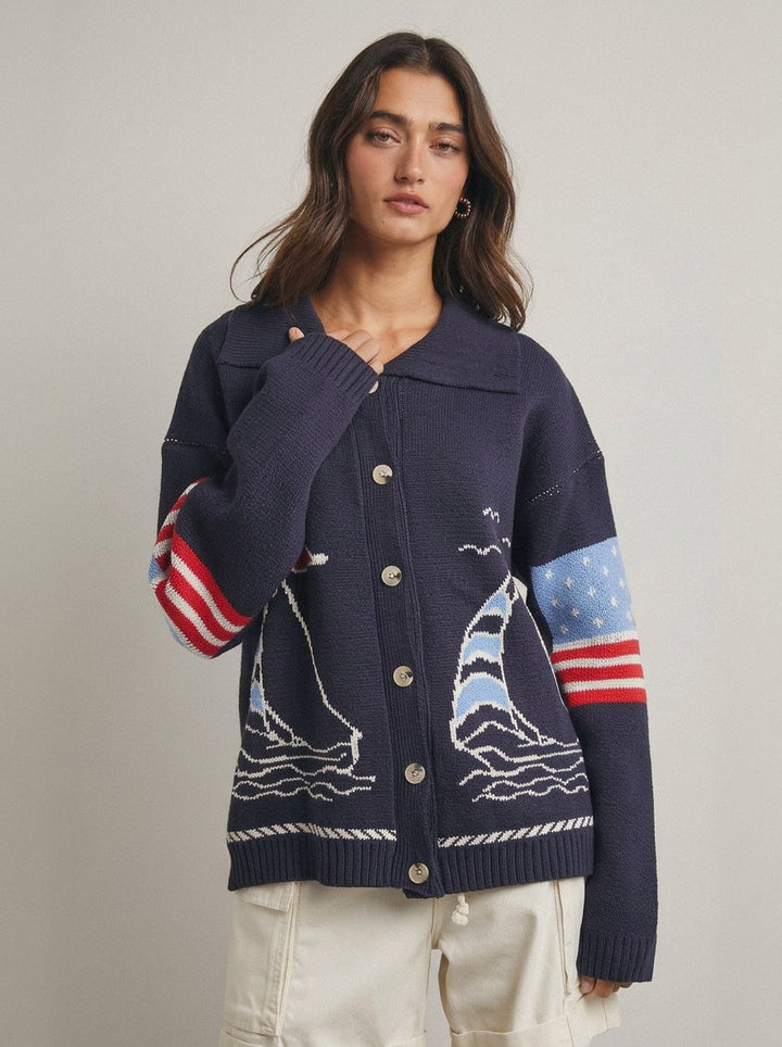 Nautical Graphic Oversized Knit Cardigan