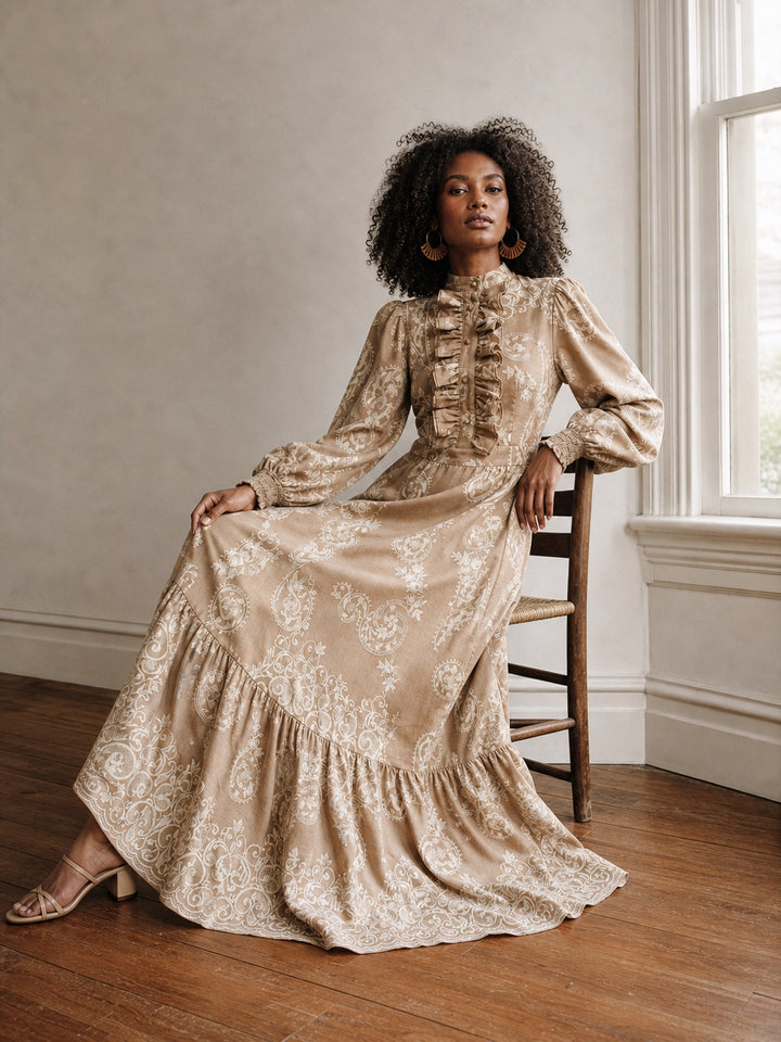 Boho Ruffled Paisley Print Maxi Dress