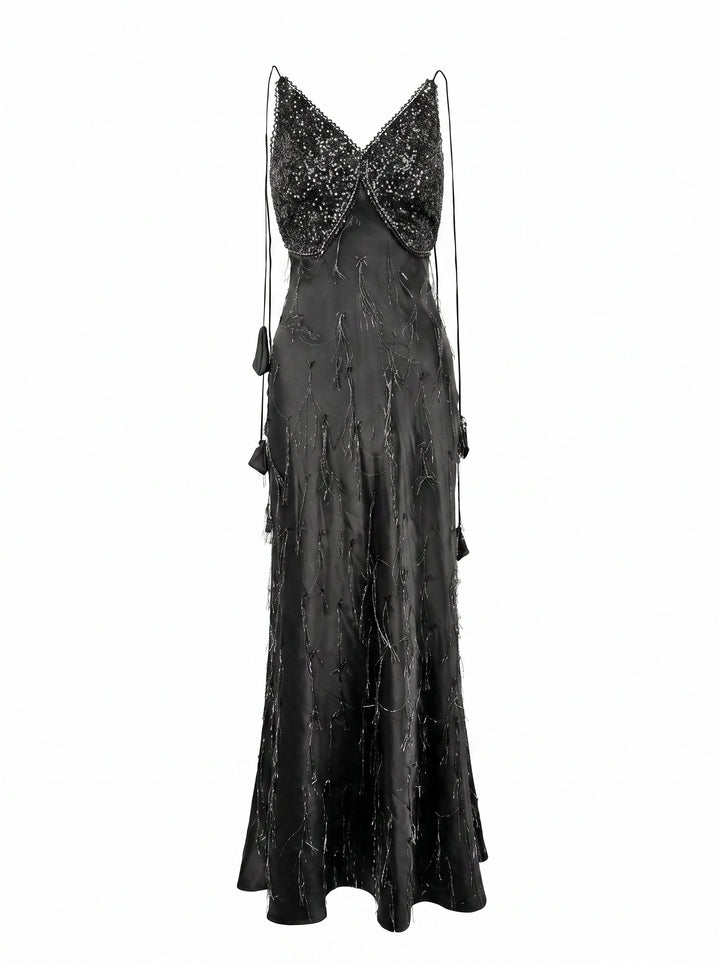 Embellished Satin V Neck Maxi Dress