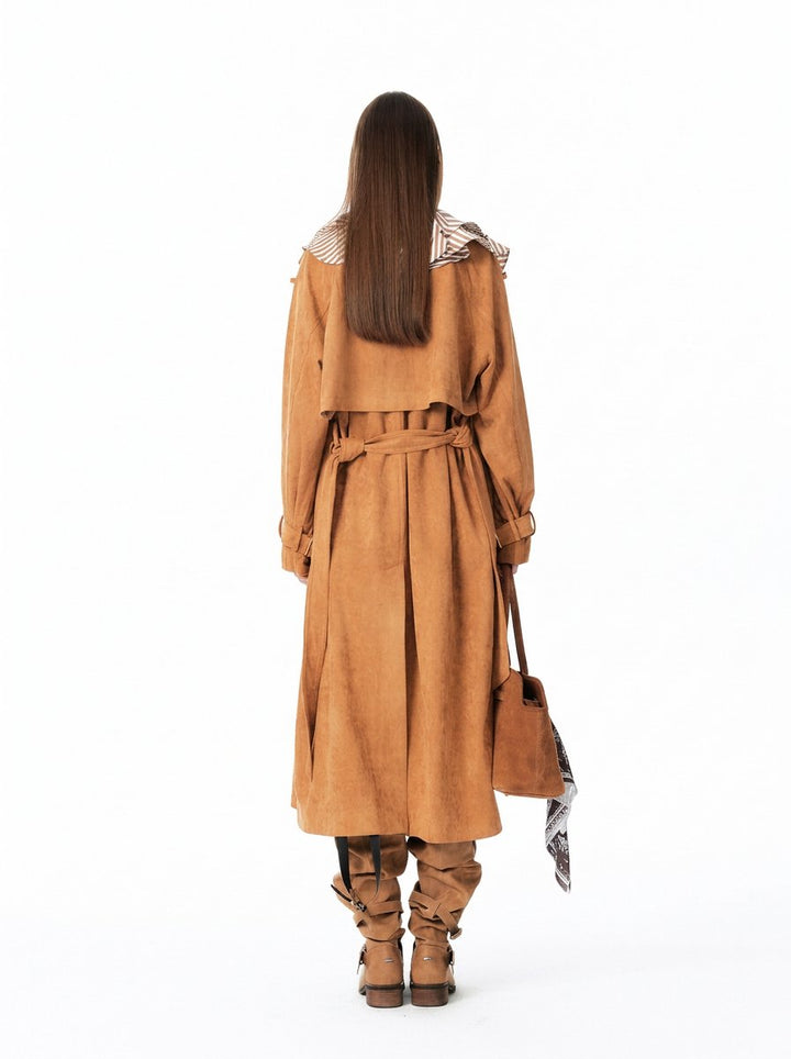 Ruffled Suede Trench Coat