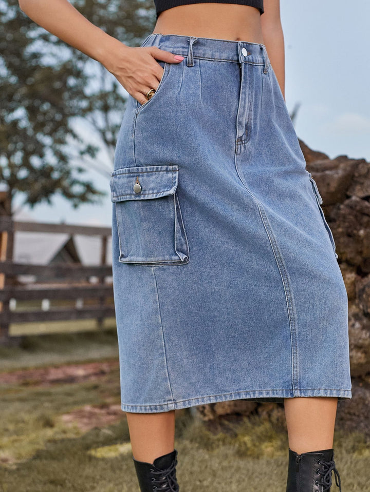High Waisted Cargo Denim Midi Skirt