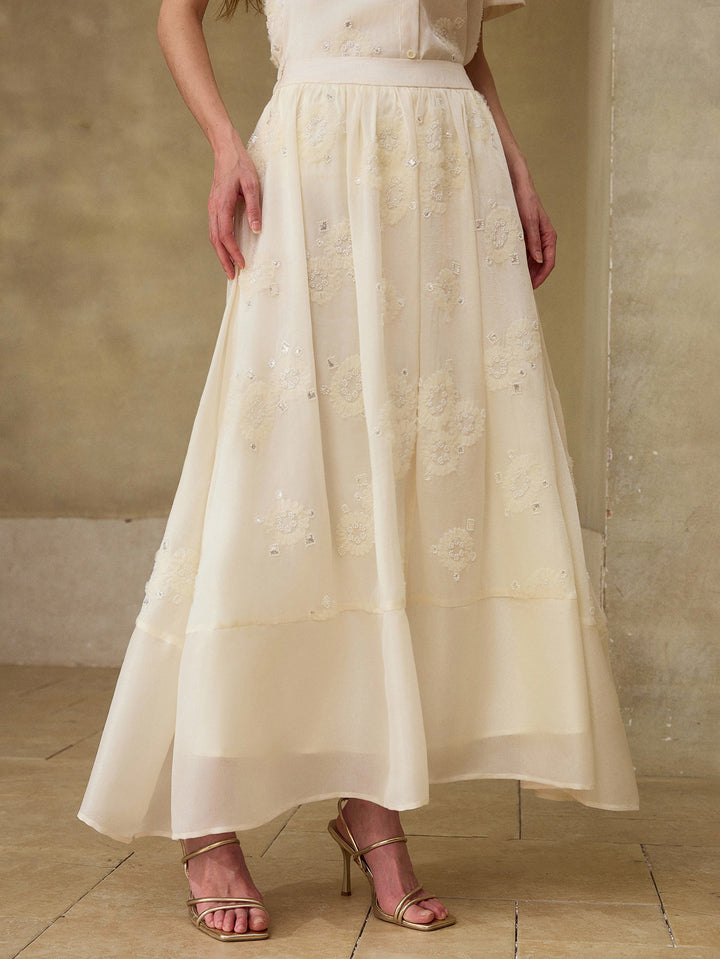 Embroidered Sheer Flowy Maxi Skirt