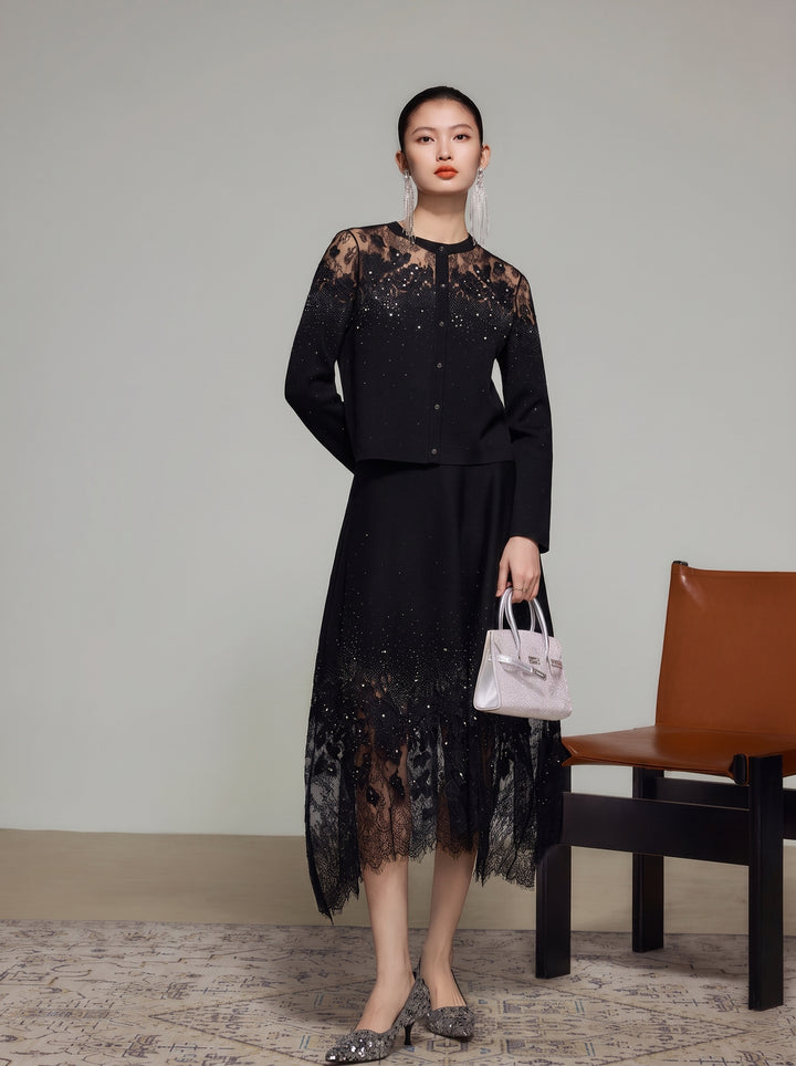 Embellished Lace Hem Midi Skirt