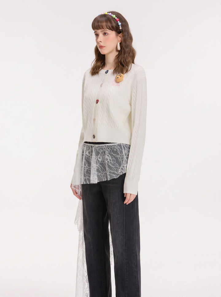 Cute Teddy Embroidered Cable Knit Cardigan