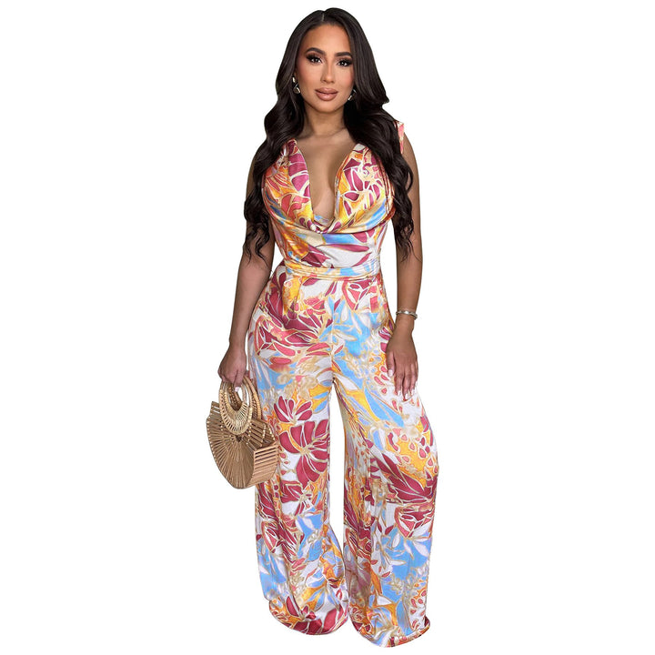 Deep V Neck Floral Print Elegant Jumpsuit