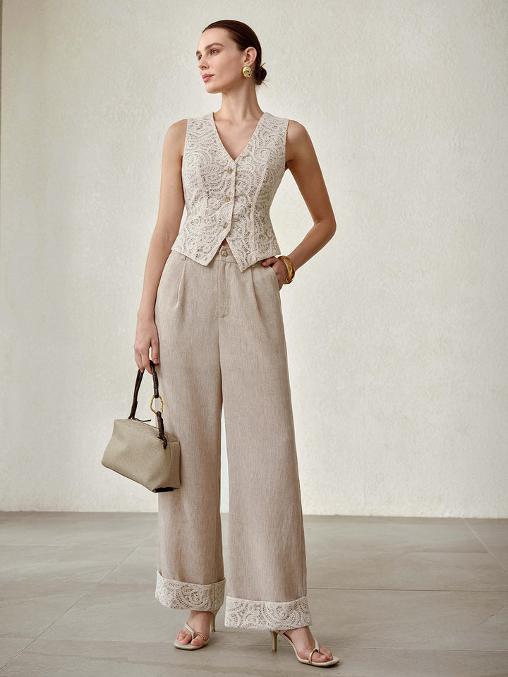 Elegant Lace Vest Wide Leg Pants Set