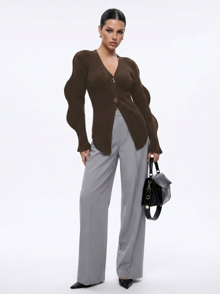 Sculptural Sleeve V Neck Cardigan