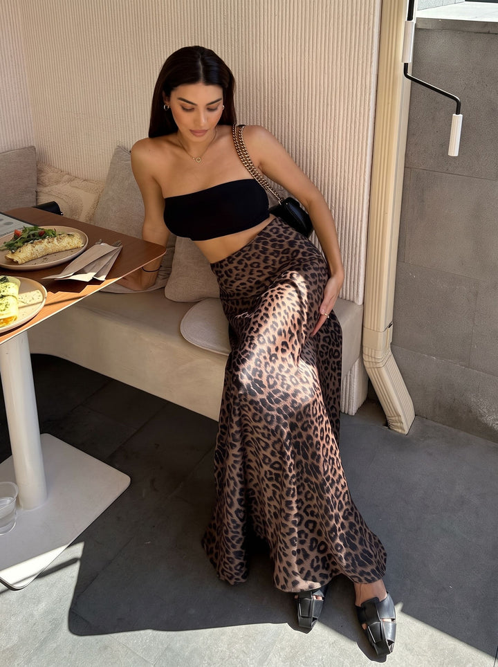 Sleek Leopard Print Satin Maxi Skirt