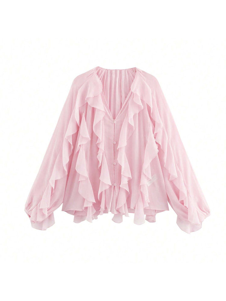 Sheer Ruffle Trim Button Down Blouse