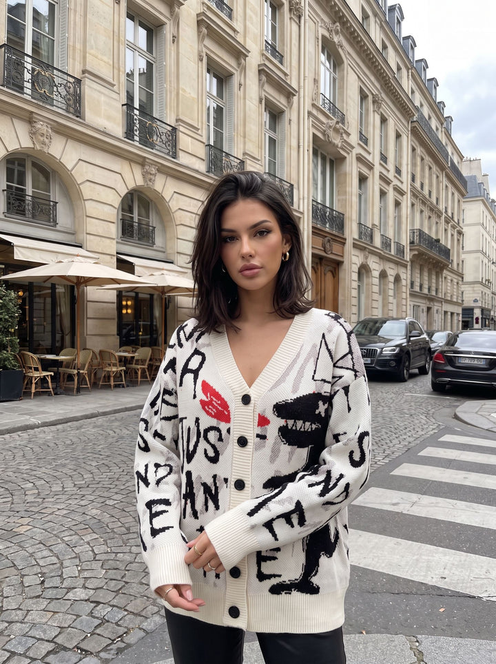 Oversized Graphic Print Knit Cardigan