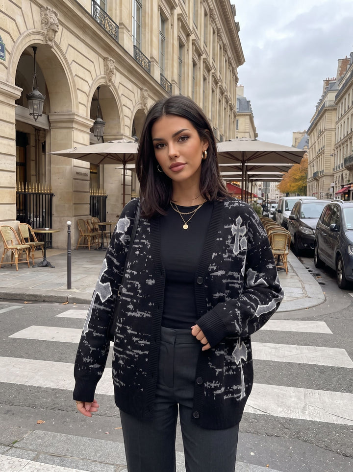 Oversized Grunge Cross Pattern Cardigan