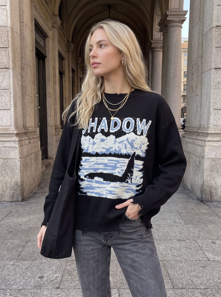 Oversized Graphic Distressed Knit Pullover Sweater