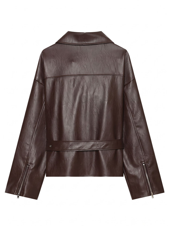 Oversized Brown Faux Leather Moto Jacket