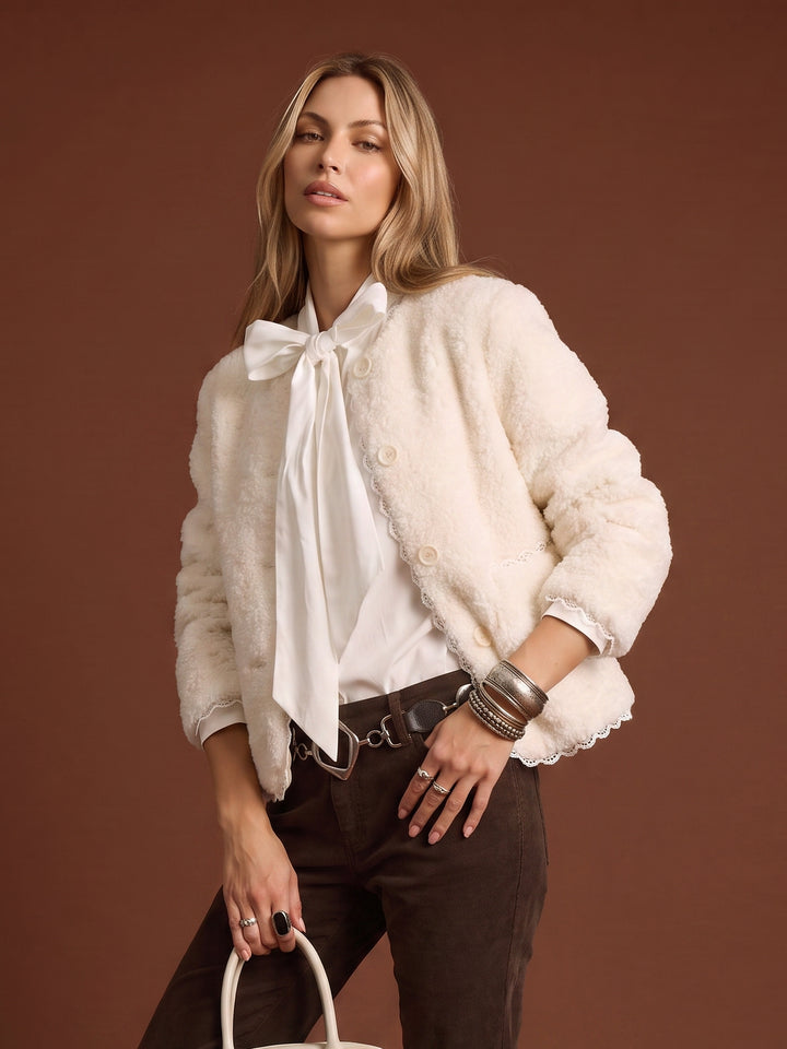 Cozy Textured Lace Trim Fleece Jacket