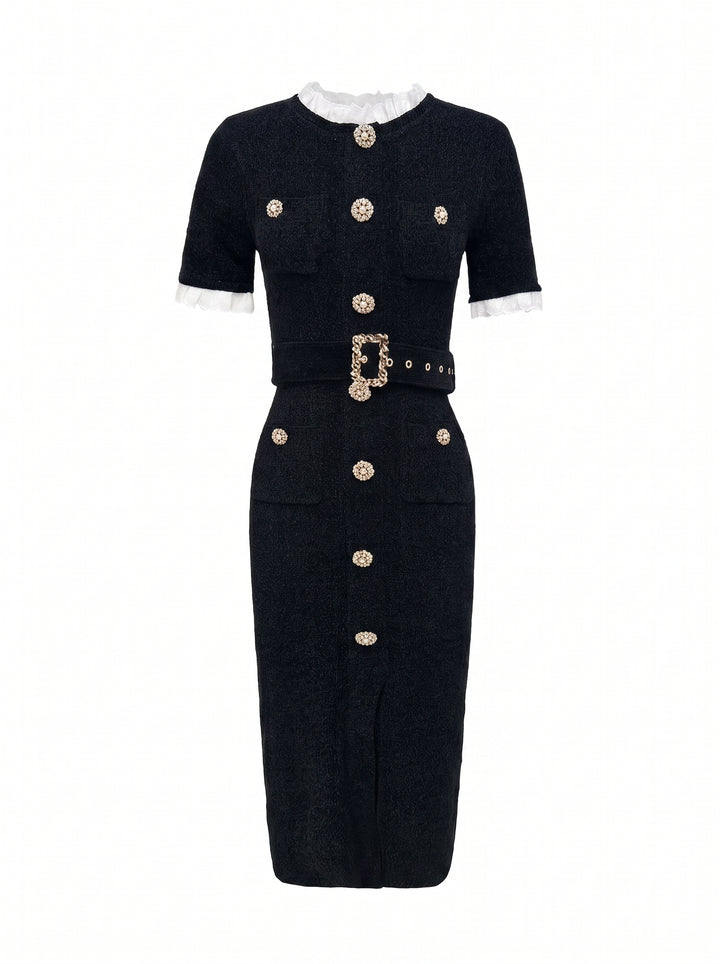 Elegant Tweed Belted Midi Dress