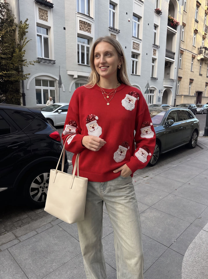 Festive Sequin Santa Christmas Pullover Sweater