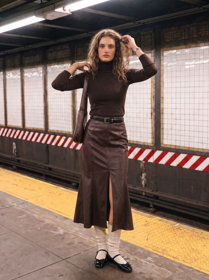 High Waisted Faux Leather Midi Skirt