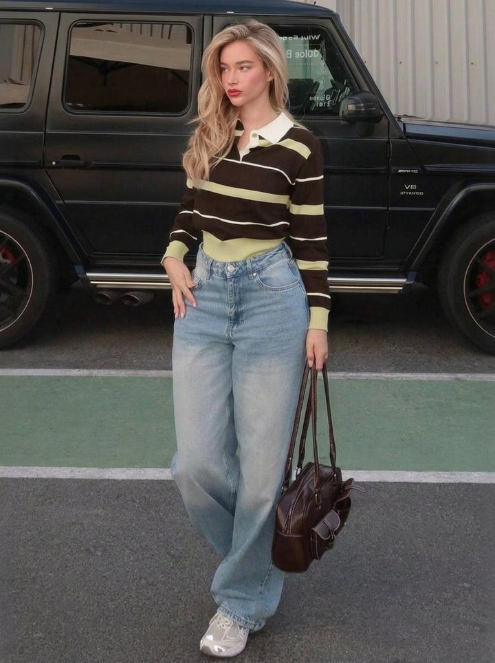 Striped Collared Button Up Sweater