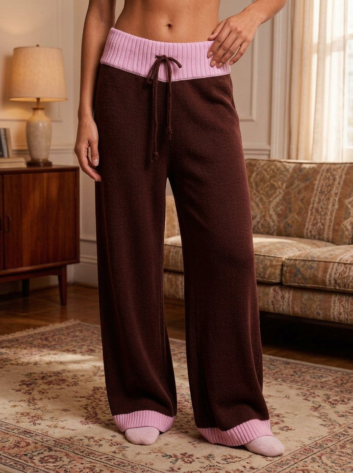 Colorblock Ribbed Knit Wide Leg Pants