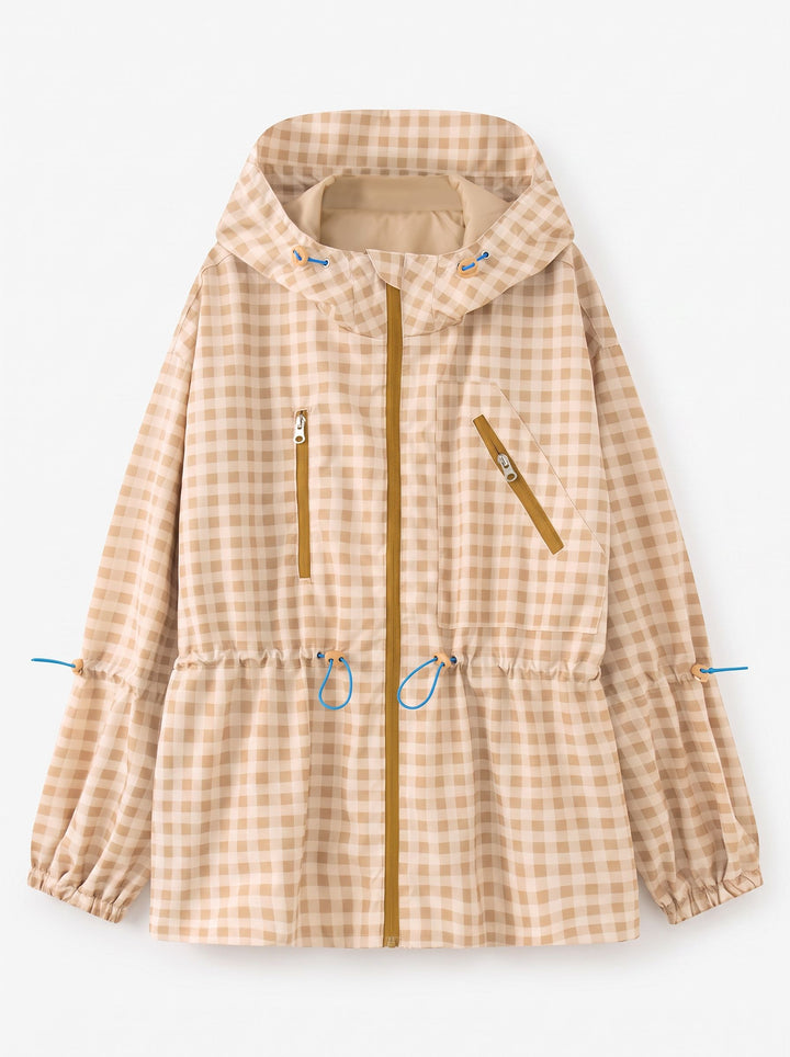 Gingham Drawstring Waist Hooded Jacket