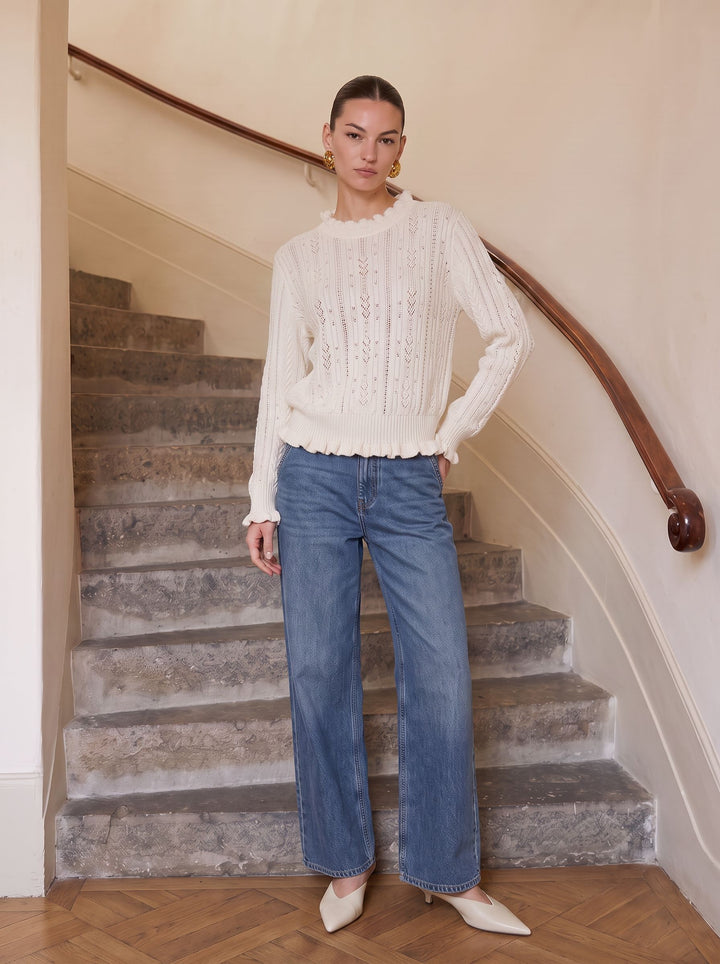 Ruffled Mock Neck Cable Knit Sweater