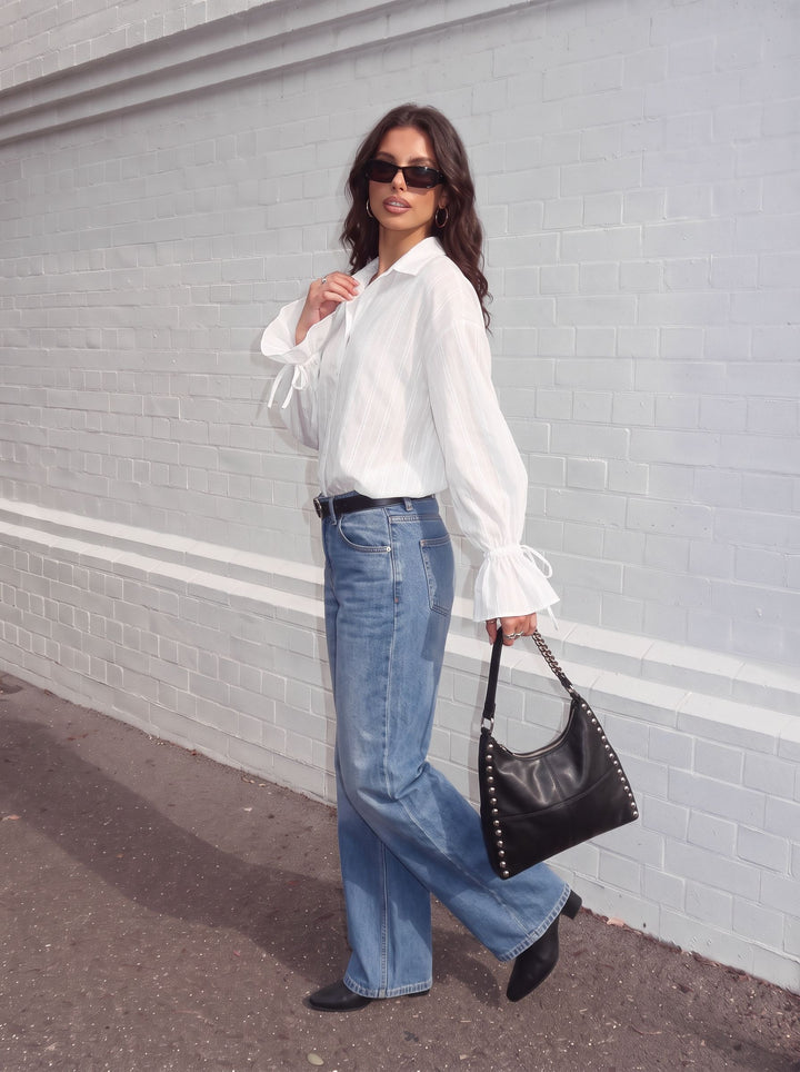 Sheer Striped Ruffle Sleeve Button Shirt
