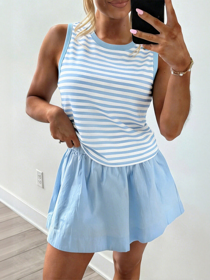 Striped Ribbed Tank Mini Skirt Set