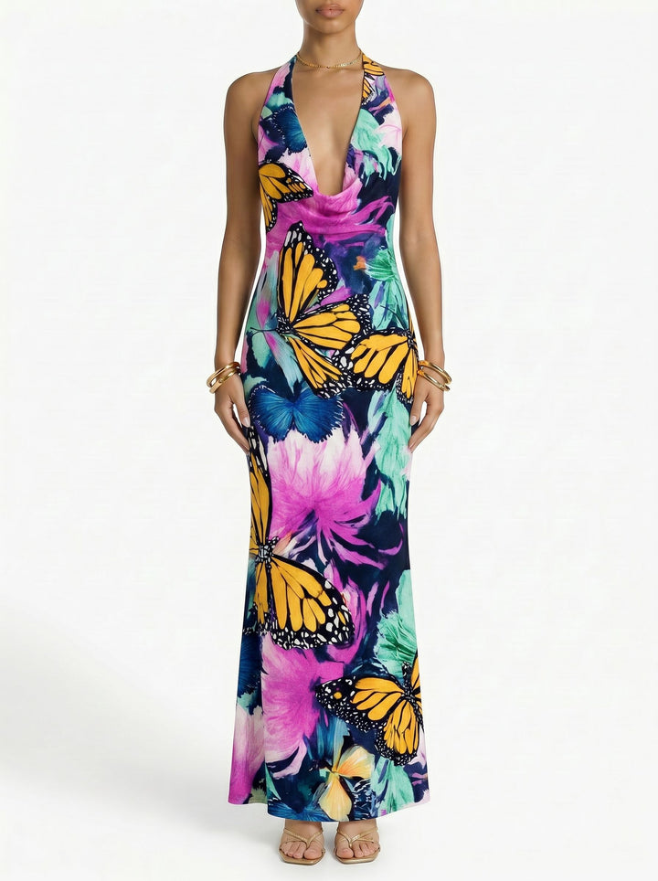 LILA Monarch Butterfly Print Cowl Neck Bodycon Maxi Dress