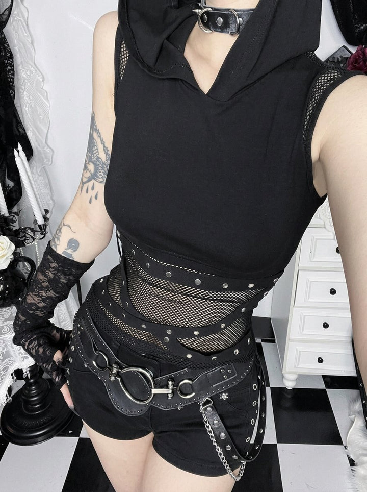 Gothic Hooded Mesh Studded Tank Top