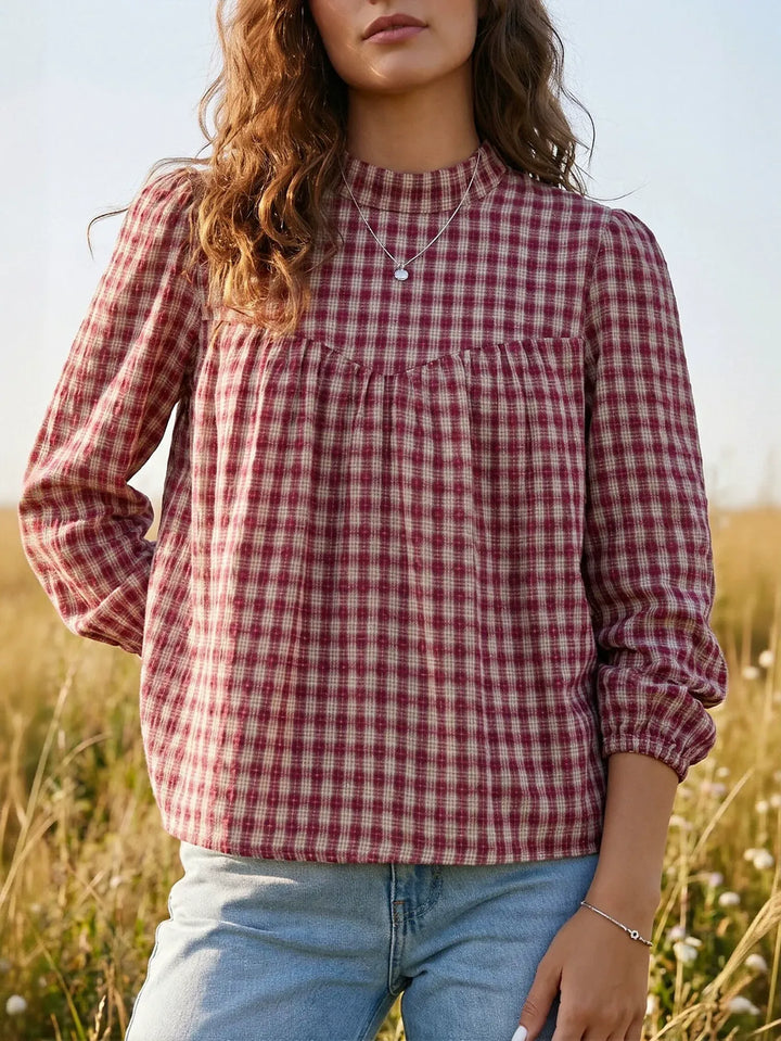 Plaid Smocked Mock Neck Blouse