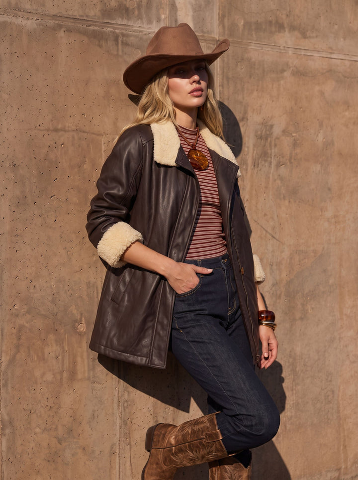 Oversized Faux Shearling Trim Leather Jacket
