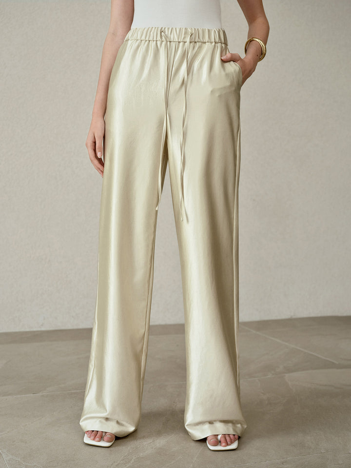 Satin Drawstring High Waisted Wide Pants