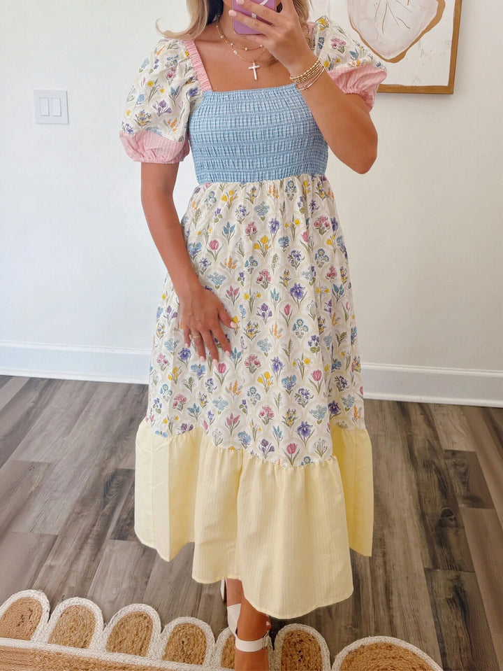 Smocked Puff Sleeve Floral Midi Dress