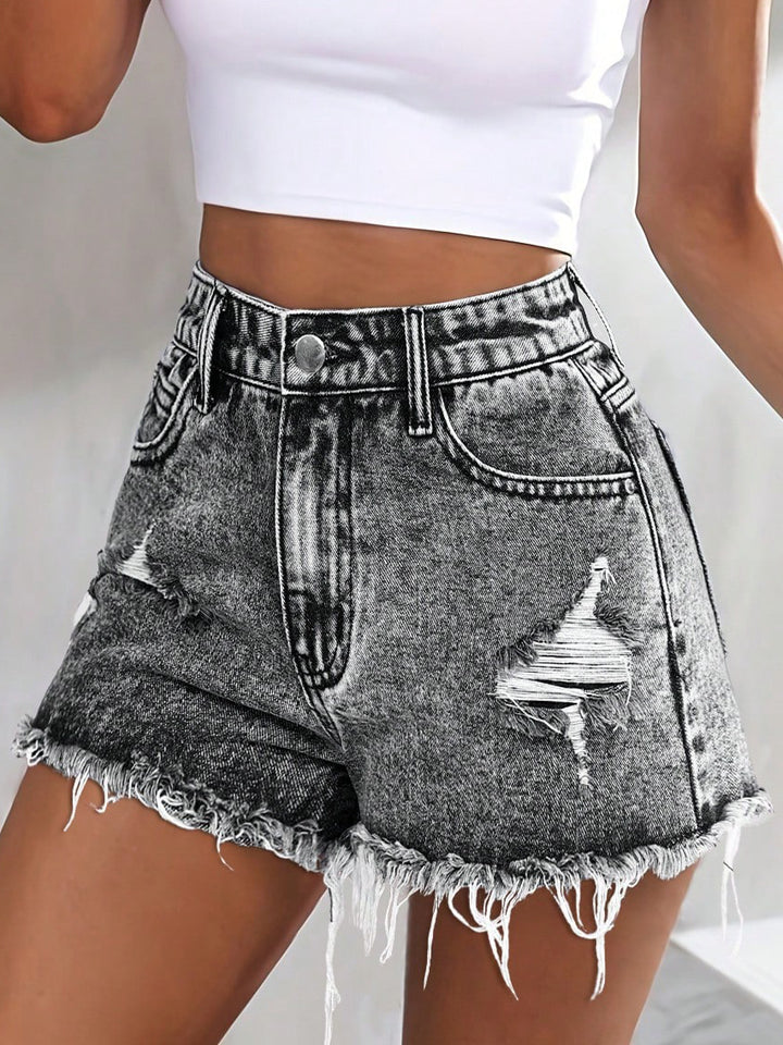 Distressed Acid Wash Raw Hem Shorts