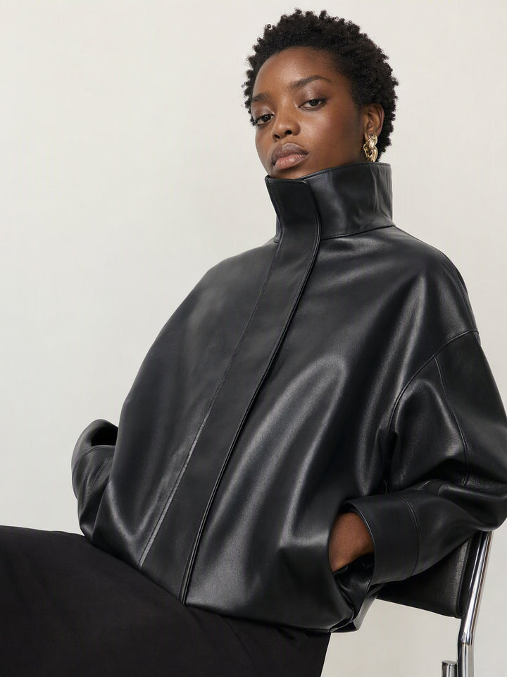 Oversized Stand Collar Faux Leather Jacket