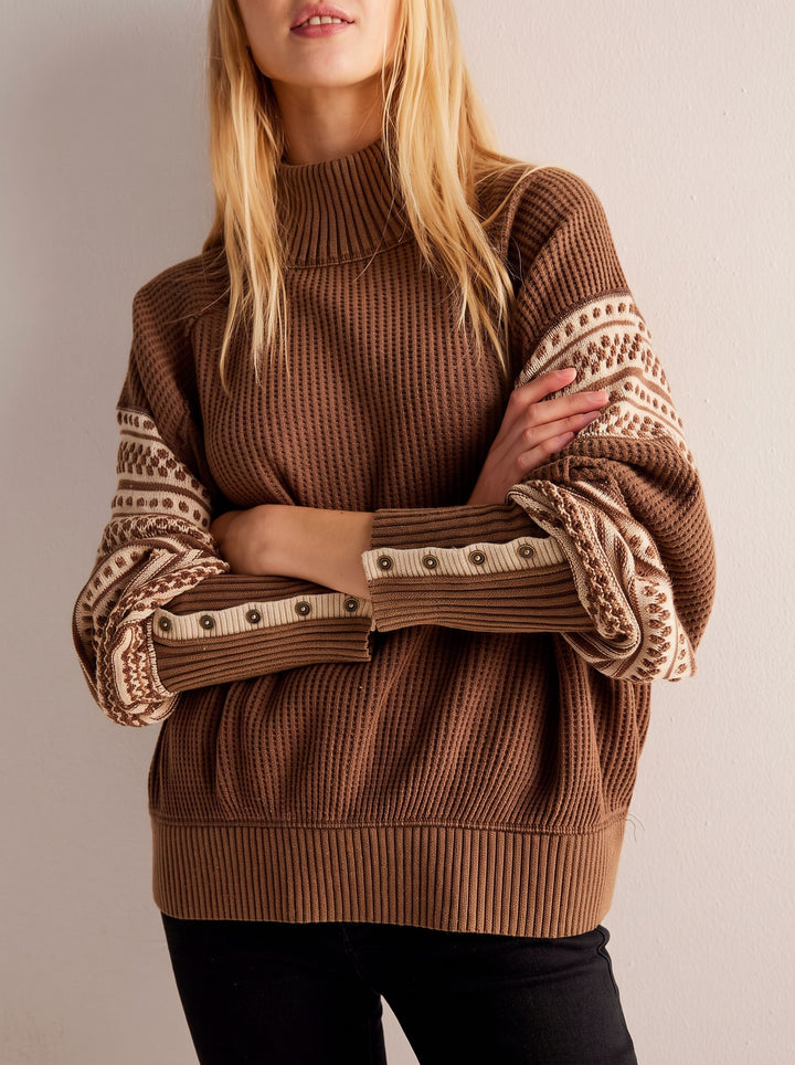 Oversized Button Cuff Thermal Pullover Sweater