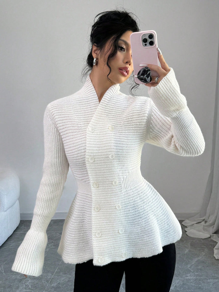 Elegant Peplum Double Breasted Cardigan