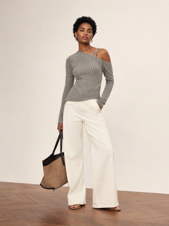 Asymmetrical Cutout Cold Shoulder Knit Sweater