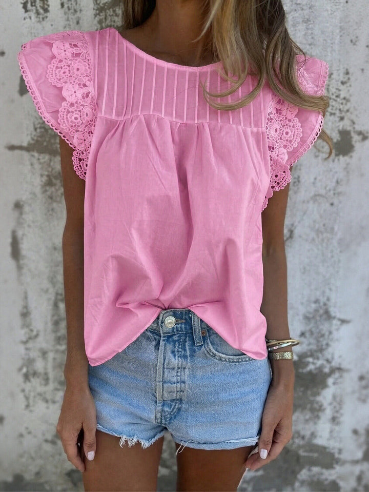 Flutter Sleeve Lace Trim Blouse